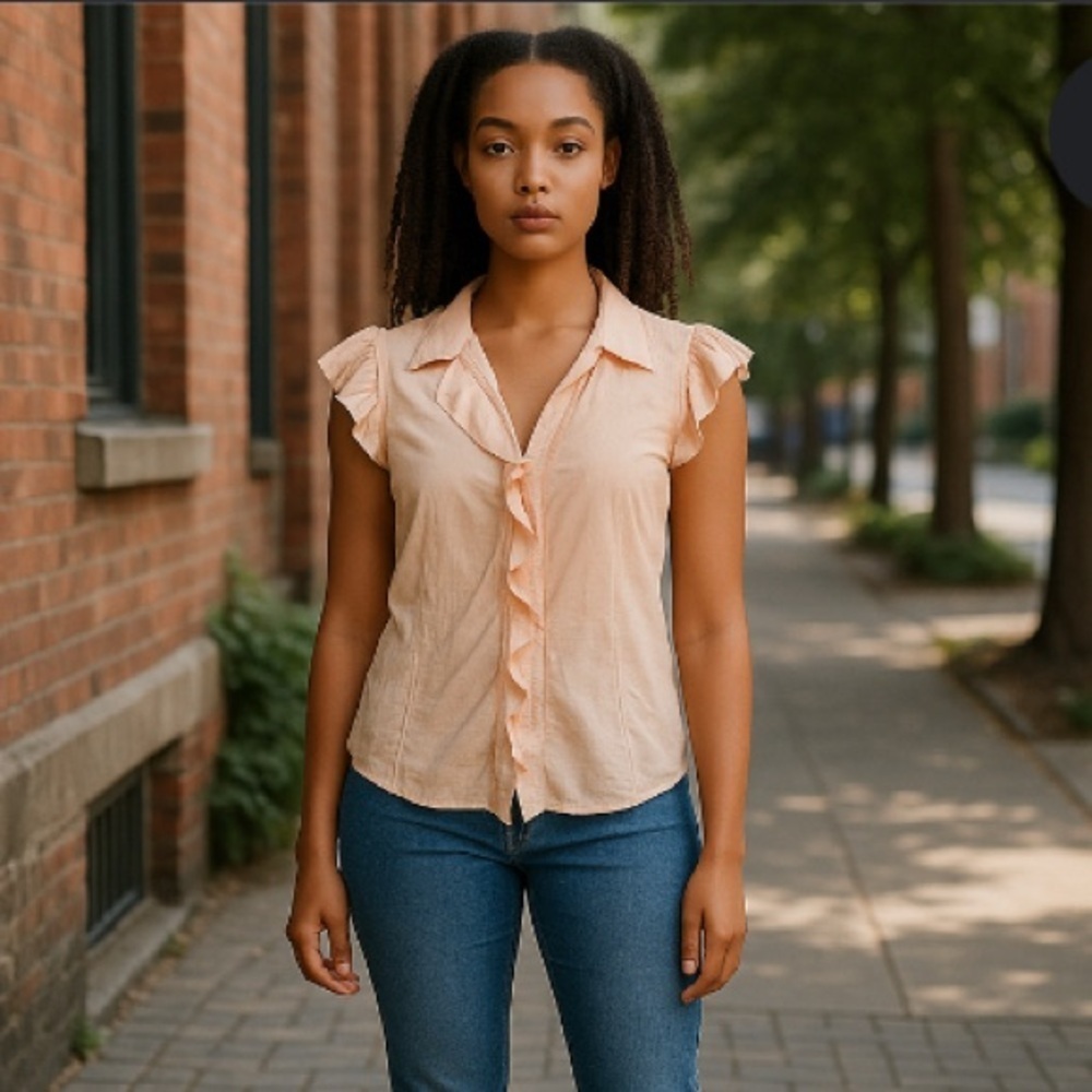 She's Cool Sleeveless Blouse with Ruffled neck. 100% cotton. Size large.